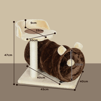 PawHut 47cm Small Cat Tree w/ Scratching Post, Bed, Cat Tunnel, Toy Ball, Dark Brown / Grey