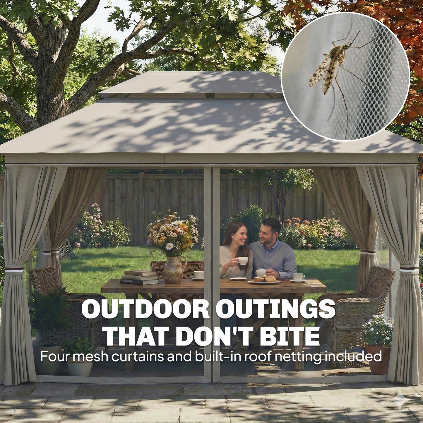 4x3m Permanent Garden Gazebo & Pavilion | UPF50+ | Privacy Curtains | Mesh Netting | Drainage | Metal Frame | Beige