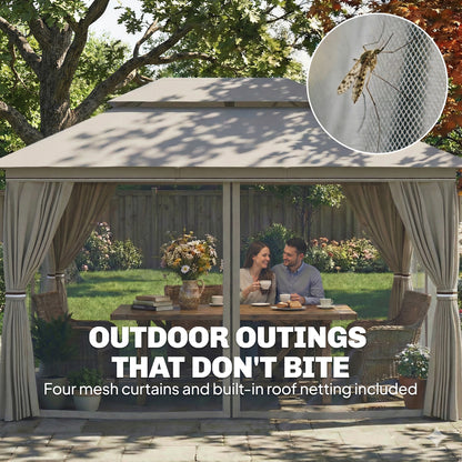 4x3m Permanent Garden Gazebo & Pavilion | UPF50+ | Privacy Curtains | Mesh Netting | Drainage | Metal Frame | Beige