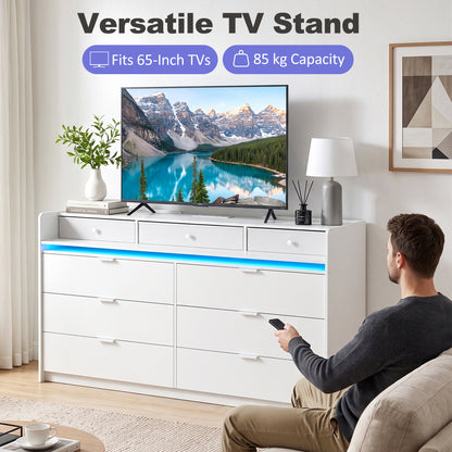 Chest of 9 Drawers with LED Strip & Charging Station | White MDF | 148.7x45x82cm | 2700-6500K Bluetooth | 2 UK Outlets USB-A USB-C | TV Stand up to 65in | Anti-Tip | 85kg