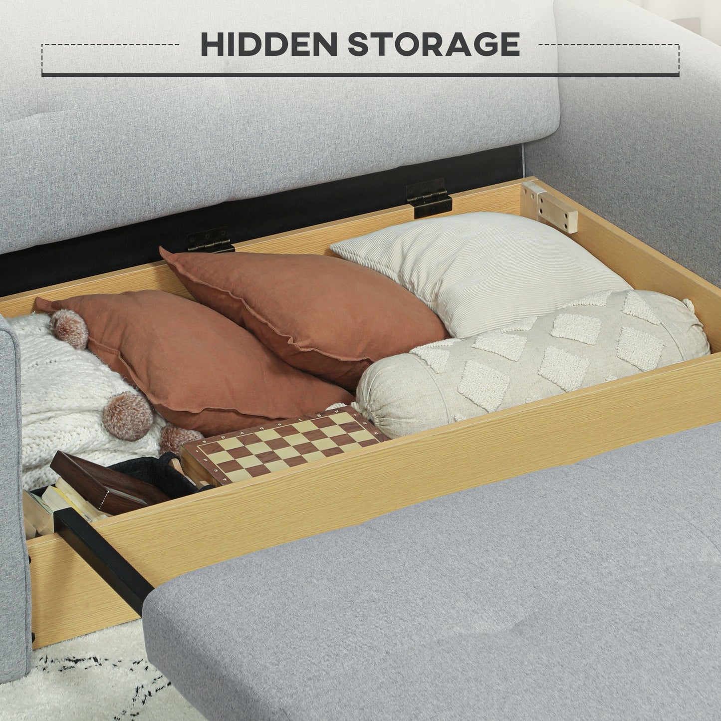 2 Seater Sofa Bed, Convertible Bed Settee, Modern Fabric Loveseat Sofa Couch with 2 Cushions, Hidden Storage for Living Room, Guest Room