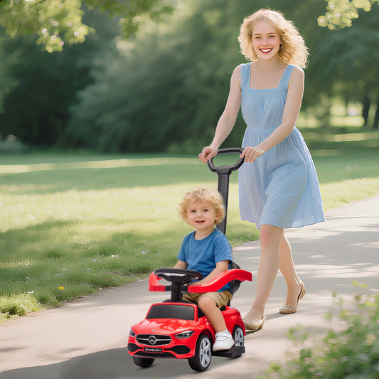 2-in-1 Baby Ride-On Push Car | Licensed Mercedes-Benz C-Class | Parent Push Handle | Removable Guardrail | Horn & Engine Sounds | Under-Seat Storage | EN71 & EN62115 Certified | Ages 12–36m | Red / White