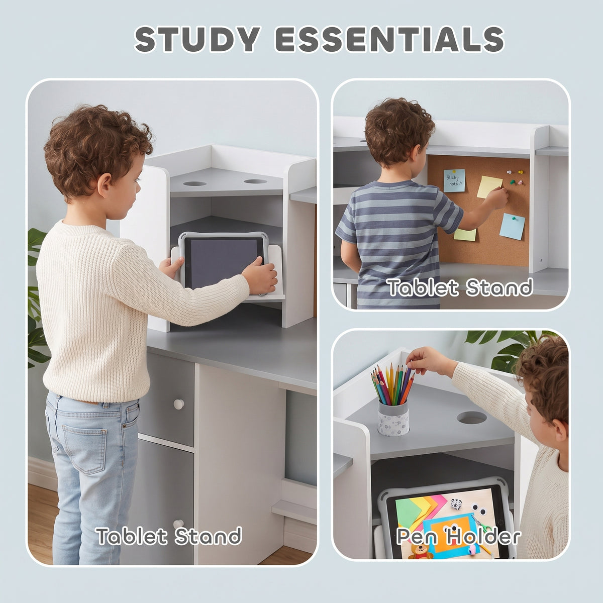 Kids Desk and Chair Set | Adjustable Tablet Stand | Cork Board | Pen Holder | 3-Tier Bookshelf | Upper Cubbies & Cabinets | E1 MDF | Rounded Corners | Anti-Tip | 90x39x95cm Table | Ages 3–12 | Grey & Pink