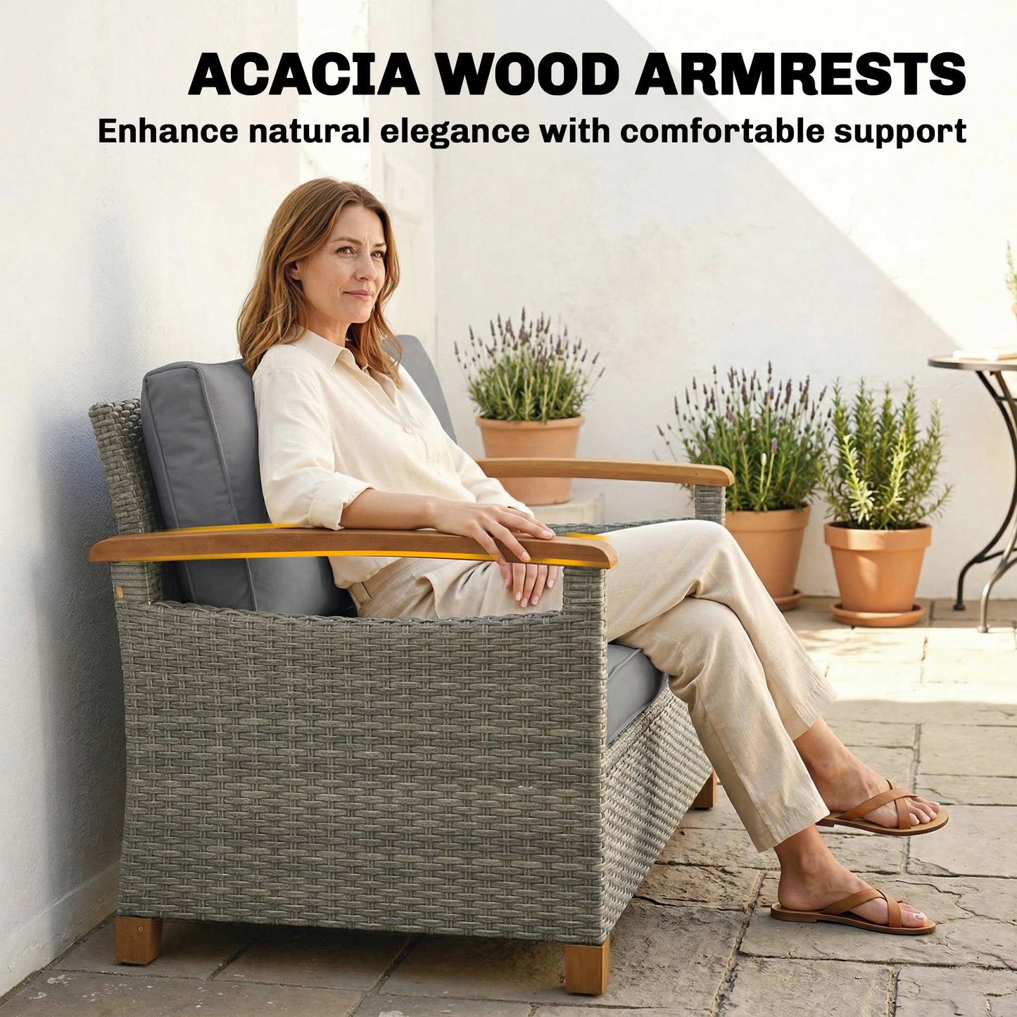 2 Seater Rattan Garden Sofa | Acacia Wood Armrests | Thick Cushions | Powder Coated Steel | Adjustable Feet | 124x74x79cm | 240kg | Dark Grey