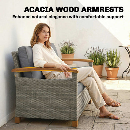 2 Seater Rattan Garden Sofa | Acacia Wood Armrests | Thick Cushions | Powder Coated Steel | Adjustable Feet | 124x74x79cm | 240kg | Dark Grey