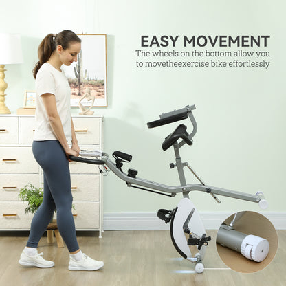 5-In-1 Folding Exercise Bike with Arm Workout Bands, Quiet 8-Level Magnetic Resistance Foldable Exercise Bike with LCD, Tablet Holder, White