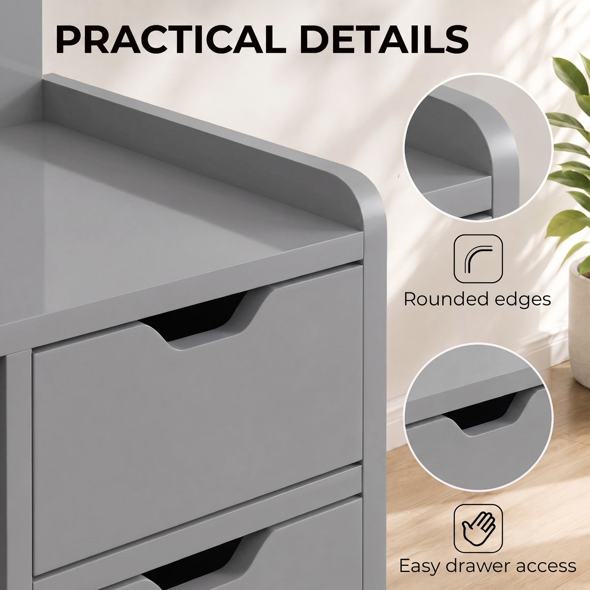 Bedside Table with 2 Drawers & Open Shelves | Grey Particleboard | 40x30x60cm | 30kg | Cut-Out Handles | Rounded Corners | Top & Bottom Shelves | Modern Nightstand | Bedroom Side Table