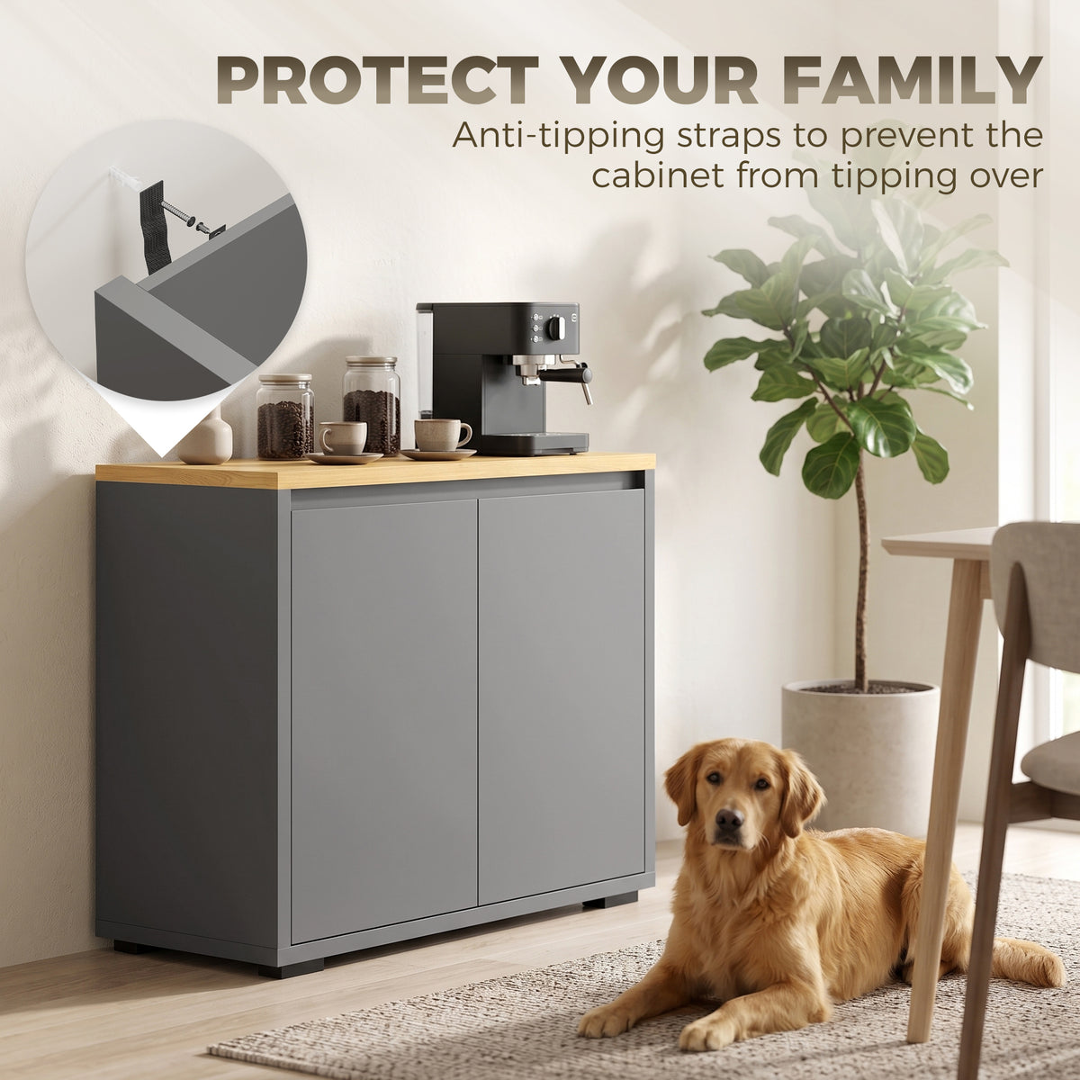 Grey Sideboard Storage Cabinet | 80 cm Wood-Effect Top with Double Doors & Adjustable Shelf | Kitchen, Living Room & Entryway Furniture