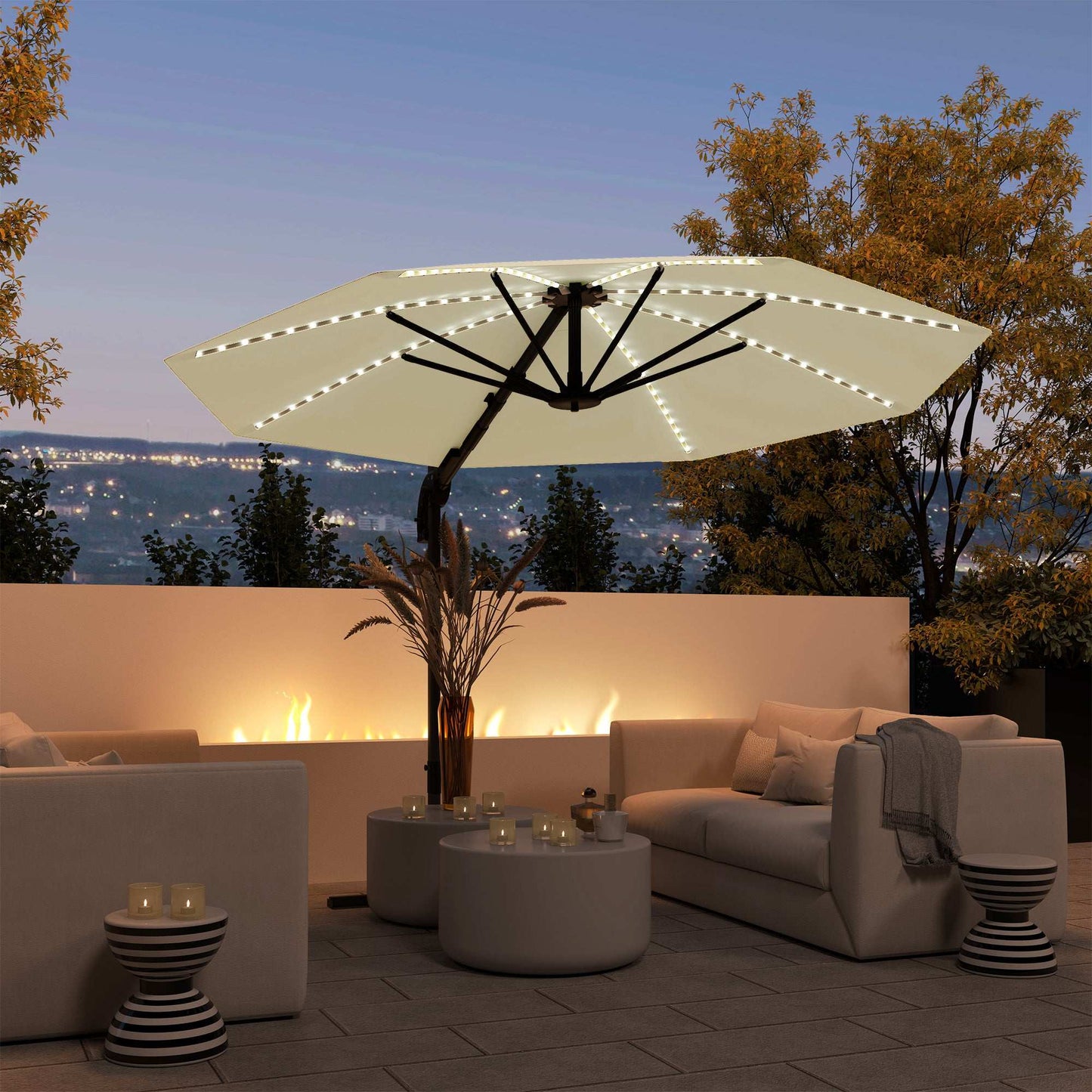 Outsunny 3(m) Cantilever Garden Parasol with Solar Powered Lights, Crank Handle & Cross Base, UPF 50+, 360° Rotation, Cream