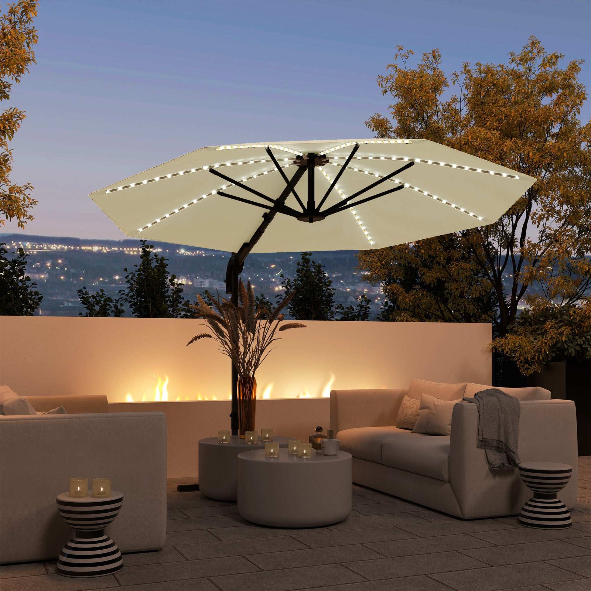 Outsunny 3(m) Cantilever Garden Parasol with Solar Powered Lights, Crank Handle & Cross Base, UPF 50+, 360° Rotation, Cream