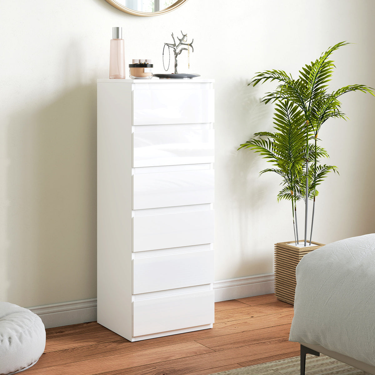 Slim 6-Drawer Chest | High-Gloss White Tallboy with Handle-Free Fronts & Wall Anti-Tip Kit | MDF Bedroom Storage | 40W × 35D × 109Hcm
