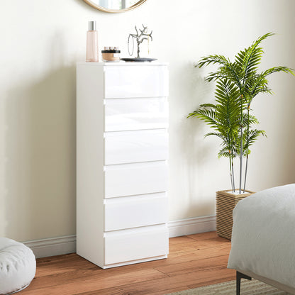 Slim 6-Drawer Chest | High-Gloss White Tallboy with Handle-Free Fronts & Wall Anti-Tip Kit | MDF Bedroom Storage | 40W × 35D × 109Hcm