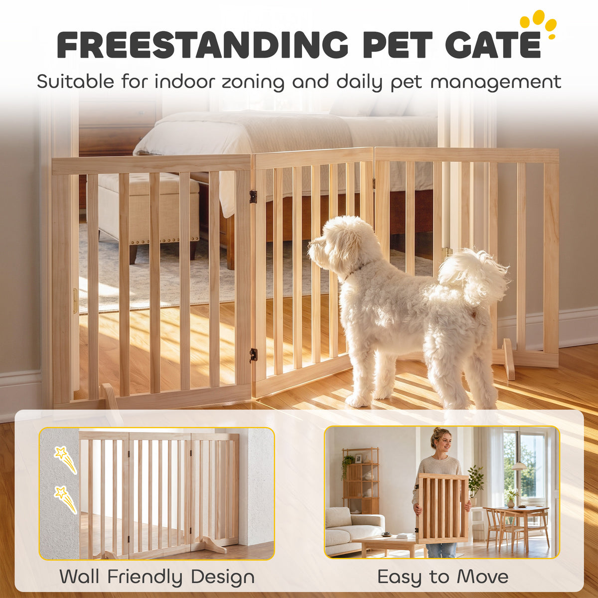 3-Panel Freestanding Wooden Dog Gate | Adjusts 30–140cm | 360° Hinges | Solid Pine Wood | No Drill | Support Feet | 47mm Bar Gap | Small Dogs Under 10kg | Natural Wood Finish | 150x36x61cm | No Assembly