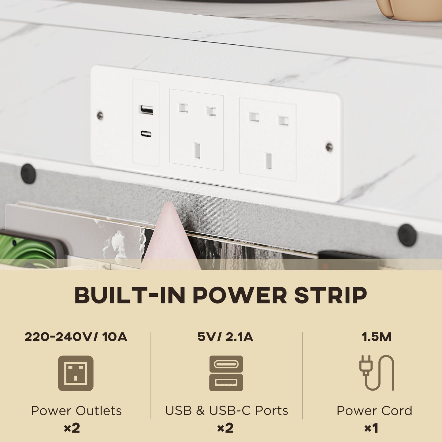 C-Shaped Bedside Table with Charging Station, Marble Grain Side Table with Power Outlets & USB Ports, Storage Bags, White