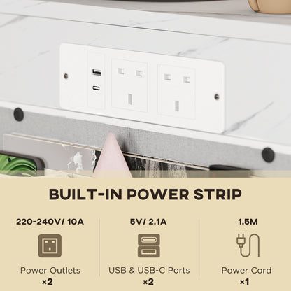 C-Shaped Bedside Table with Charging Station, Marble Grain Side Table with Power Outlets & USB Ports, Storage Bags, White