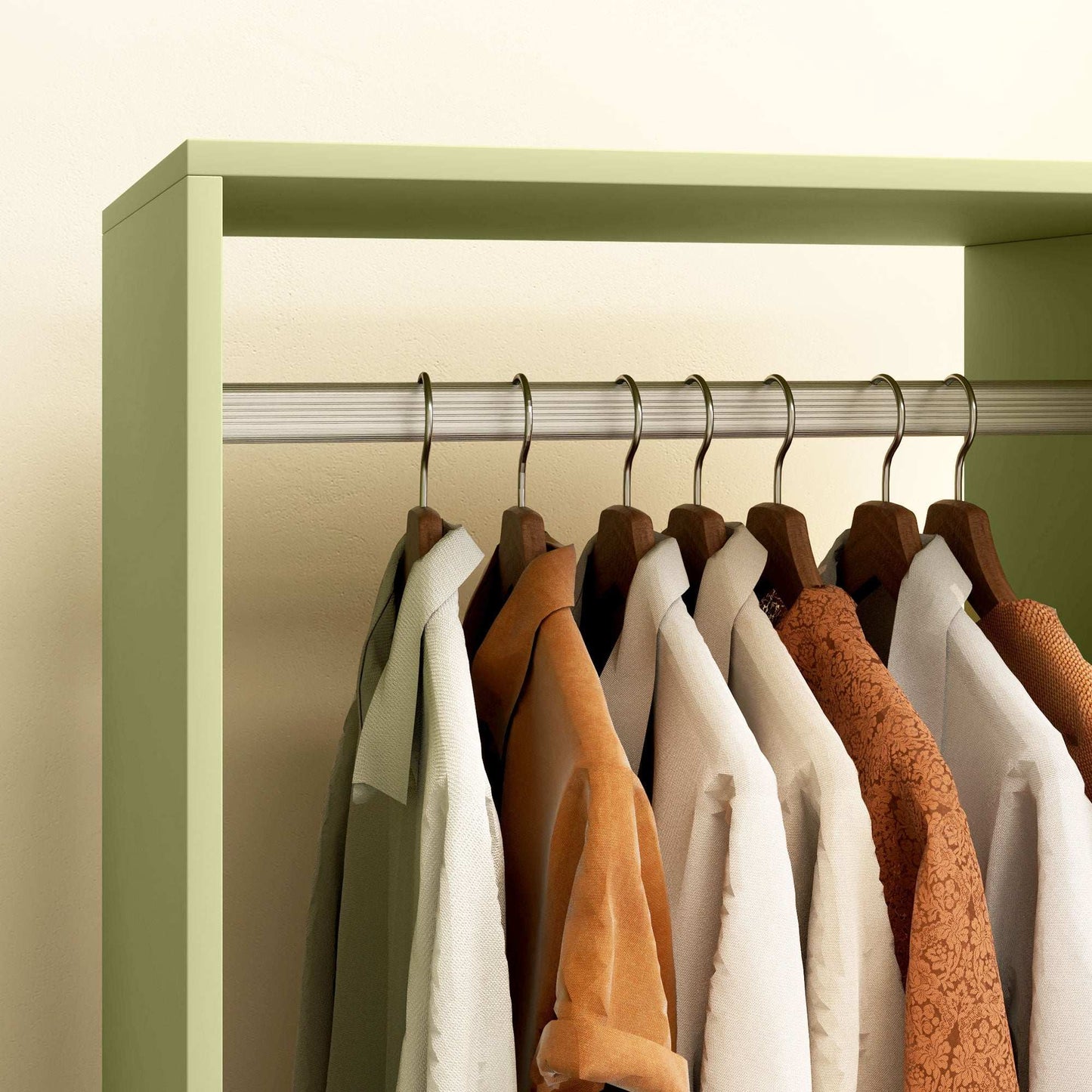 Open Wardrobe for Bedroom, Small Wardrobe on Wheels with Clothes Rail, Storage Shelves, Mobile Garment Rack for Clothes Storage- Green