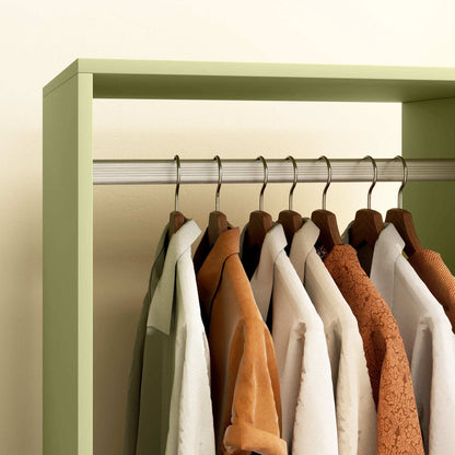 Open Wardrobe for Bedroom, Small Wardrobe on Wheels with Clothes Rail, Storage Shelves, Mobile Garment Rack for Clothes Storage- Green