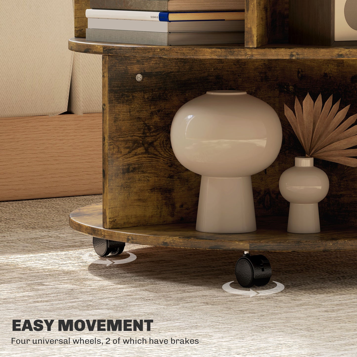 Retro Vintage Style Round Coffee Table with Wheels, 3-Tier Rolling Side Table for Living Room with Divided Shelves, Rustic Brown