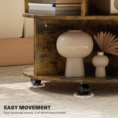 Retro Vintage Style Round Coffee Table with Wheels, 3-Tier Rolling Side Table for Living Room with Divided Shelves, Rustic Brown