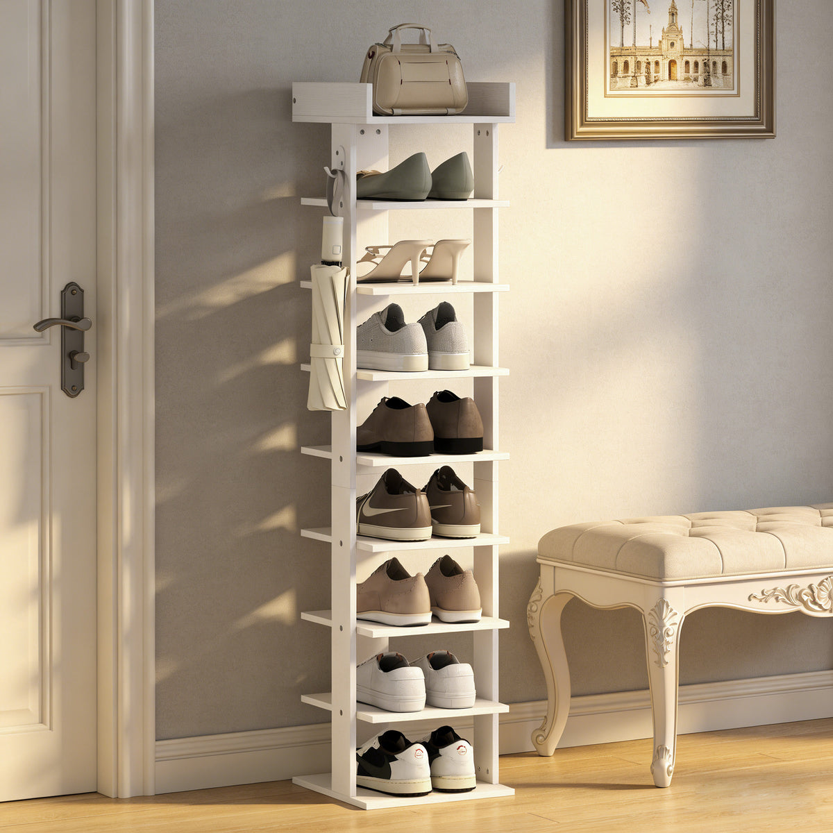 9-Tier Shoe Rack | Graduated Shelf Heights to Size 46 | Removable Shelves for Boots & Heels | Top Tray with Rail | 2 Side Hooks | 30x30x128.4cm | 18kg | Particleboard | Entryway | White