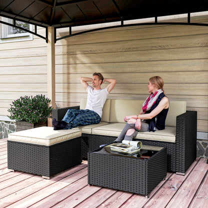 3-Piece Rattan Garden Sofa Set | 3-Seat Sofa | Ottoman | Tempered Glass Table | Zip Cushions | 360kg | Black