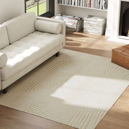Modern Geometric Jacquard Rug | 15mm Plush Pile | Non-Slip Cotton-Polyester Backing | Reinforced Edges | 230x160cm | Cream