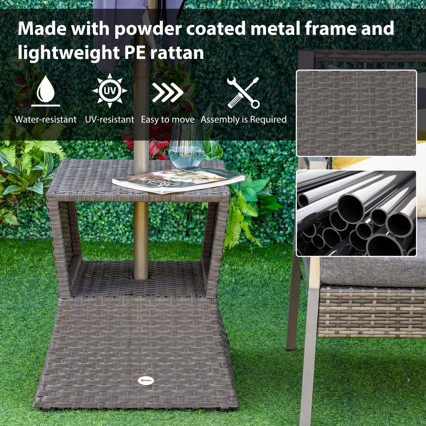 Rattan Garden Bistro Coffee Table | 54x54x55cm | Umbrella Hole 38mm | Open Storage Shelf | PE Wicker Metal Frame | 30kg | Dark Grey