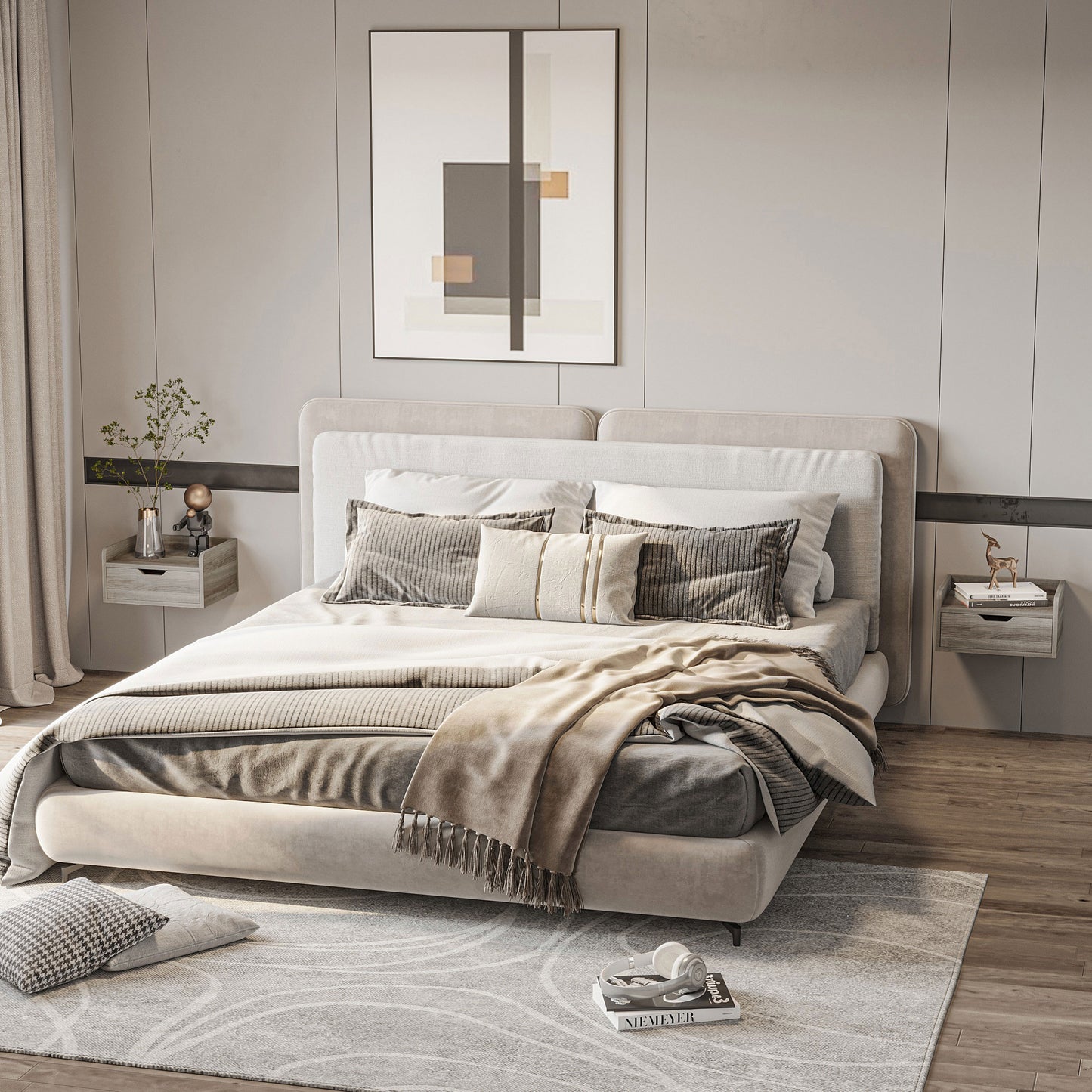 Floating Nightstand Set of 2 Wall Mounted Bedside Table with Storage Drawer for Bedroom, Grey