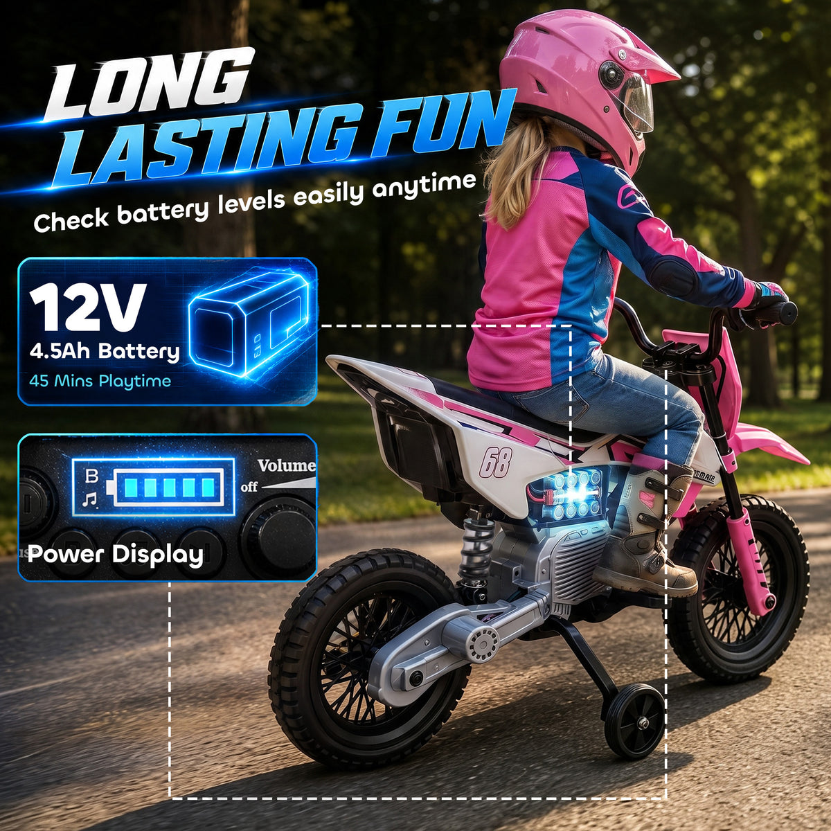 Kids Electric Ride-On Motorcycle | Pink 12V Motorbike with Training Wheels, Rear Suspension, Soft Start & Music | 2.4-5 km/h | 3-6 Years | 30 kg