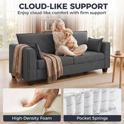 3 Seater Sofa | 200cm Linen-Look Polyester Couch | Pocket-Spring Seats, Padded Arms & 2 Cushions | Dark Grey or Dark Blue
