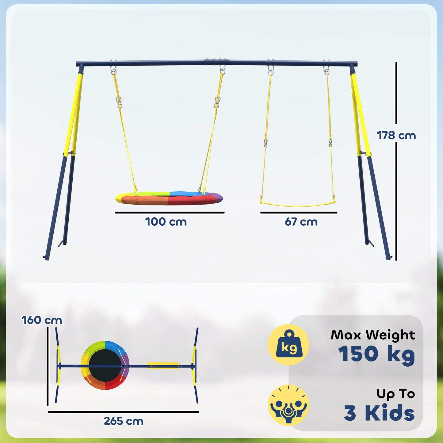 Kids Swing Set with Saucer Nest Swing & Belt Swing – 150kg Capacity, Adjustable Ropes, Steel A-Frame, Ground Stakes, EN71 Tested, Ages 3–8