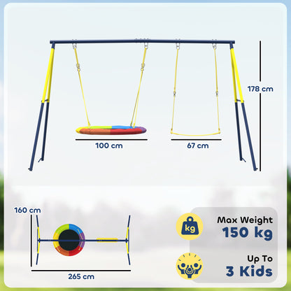 Kids Swing Set with Saucer Nest Swing & Belt Swing – 150kg Capacity, Adjustable Ropes, Steel A-Frame, Ground Stakes, EN71 Tested, Ages 3–8