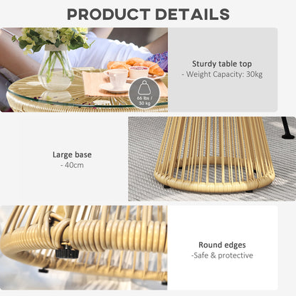 Round End Table, Rattan Side Table, Hollow Drum Design Coffee Table w/ Glass Tabletop for Patio, Garden, Balcony Natural