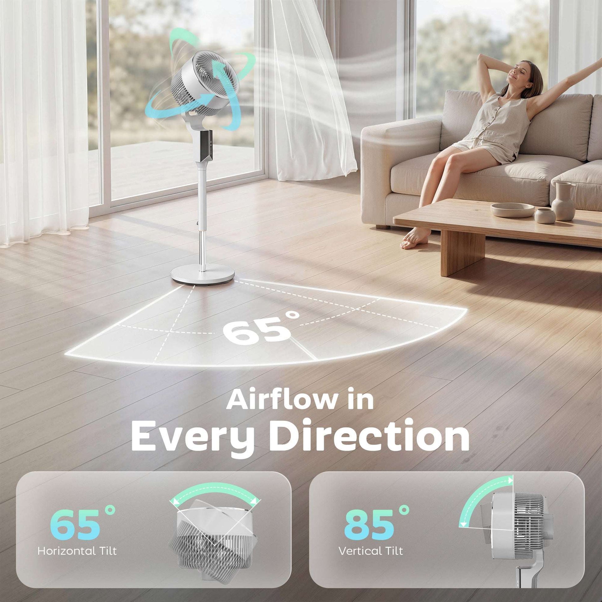 Pedestal Standing Fan | 20dB Sleep Mode | 8 Speeds | 17.1m³/min Airflow | 85° Oscillation | Aromatherapy Pad | Detachable Grill | 5m Remote | 12H Timer | 60W | 115cm | White