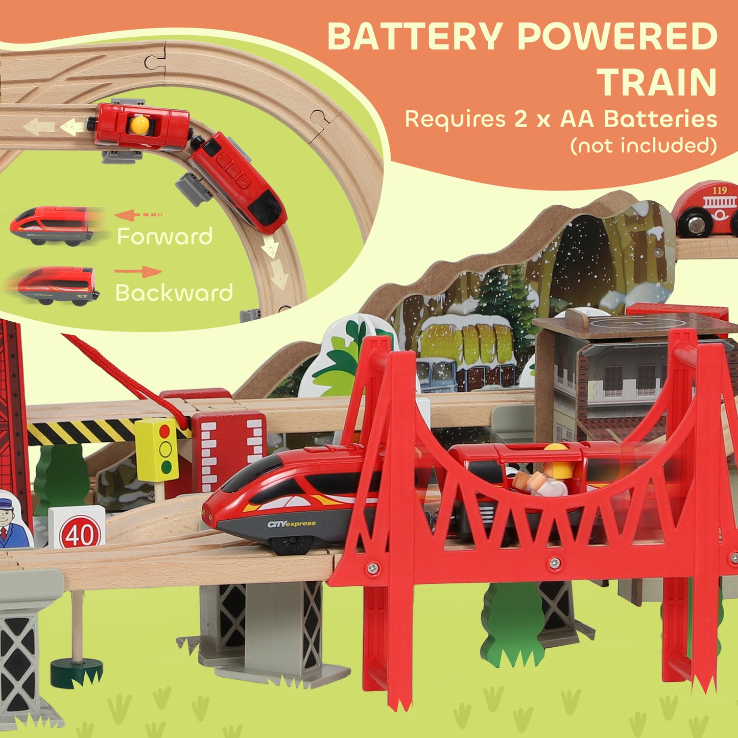 AIYAPLAY 100 Piece Wooden Train Set for Kids 3+ Years with Track, Crane, Battery Operated Train