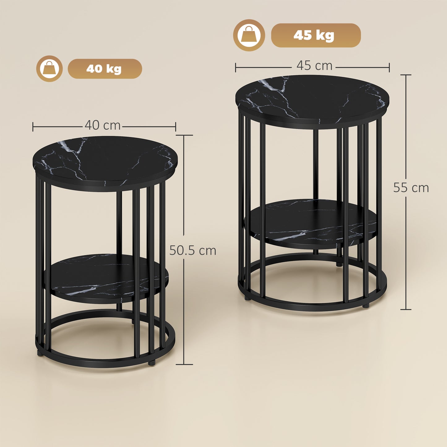 Set of 2 Marble-Effect Nest of Coffee Tables | 2-Tier Each | Adjustable Feet | Steel Frame | 45kg | Use Together or Separately | Black