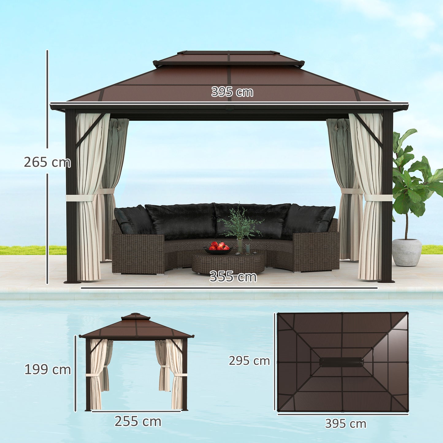 3 x 4m Hardtop Gazebo Canopy with UPF30+ Double Polycarbonate Roof, Aluminium Frame Garden Gazebo Permanent Pavilion, Beige