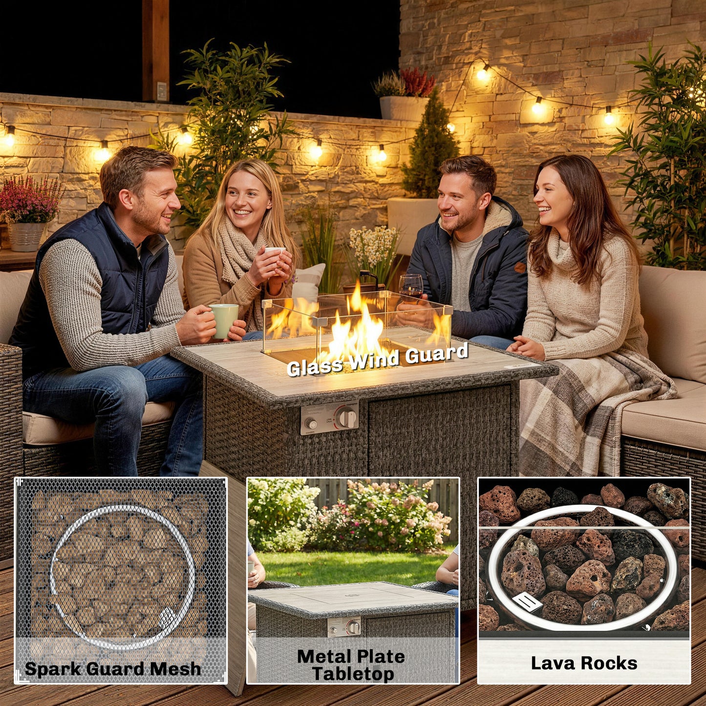 Rattan Gas Fire Pit Dining Table | 50,000 BTU 14.5KW Smokeless Burner | Adjustable Flame | Glass Wind Guard & Spark Mesh | Rain Cover | Lava Rocks | Lid | 71x71x62cm | Dark Grey