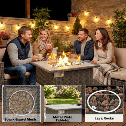 Rattan Gas Fire Pit Dining Table | 50,000 BTU 14.5KW Smokeless Burner | Adjustable Flame | Glass Wind Guard & Spark Mesh | Rain Cover | Lava Rocks | Lid | 71x71x62cm | Dark Grey