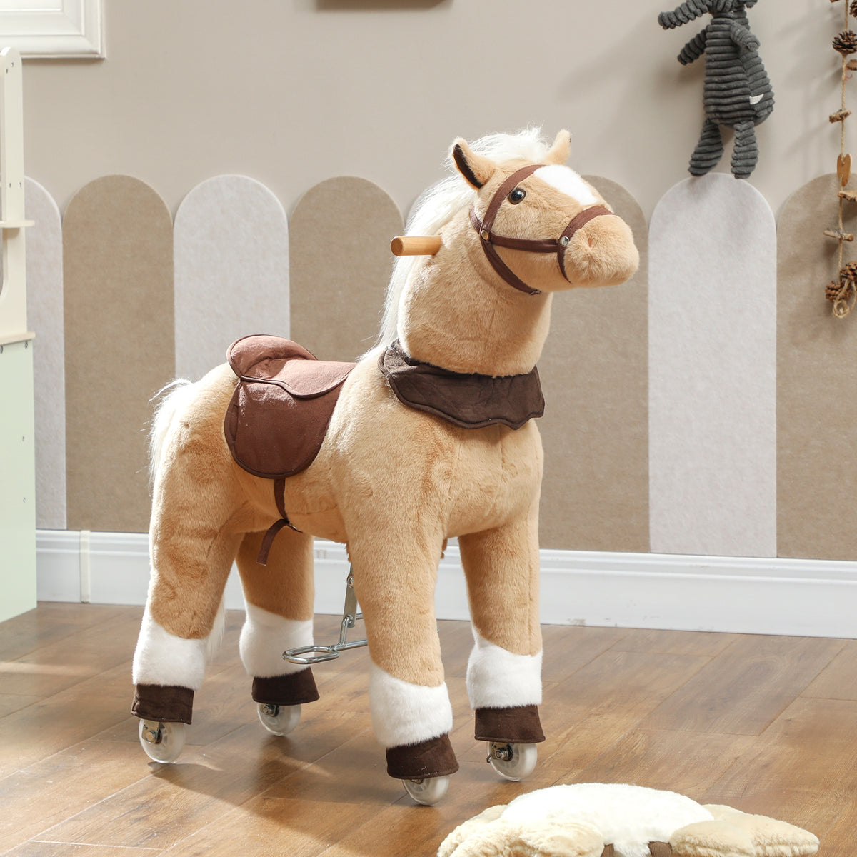 Plush Rocking Horse Ride On Pony | Rolling Wheels | Soft Saddle | No Batteries | Ages 3–5 | 25kg | Brown