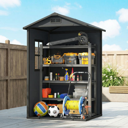 Compact PP & Aluminium Garden Storage Shed with Floor | Apex Roof | Latch Lock & Keys | Side Window | Vent | UV-Resistant | 40kg/m² Snow Rating | 128x104x196cm | Dark Grey & Black