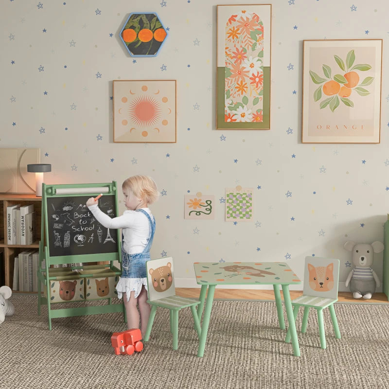 Kids Table and Chair Set And Kids Easel With Paper Roll, Storage Baskets, Kids Activity Furniture Set