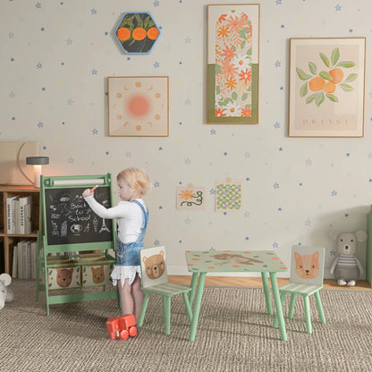 Kids Table and Chair Set And Kids Easel With Paper Roll, Storage Baskets, Kids Activity Furniture Set