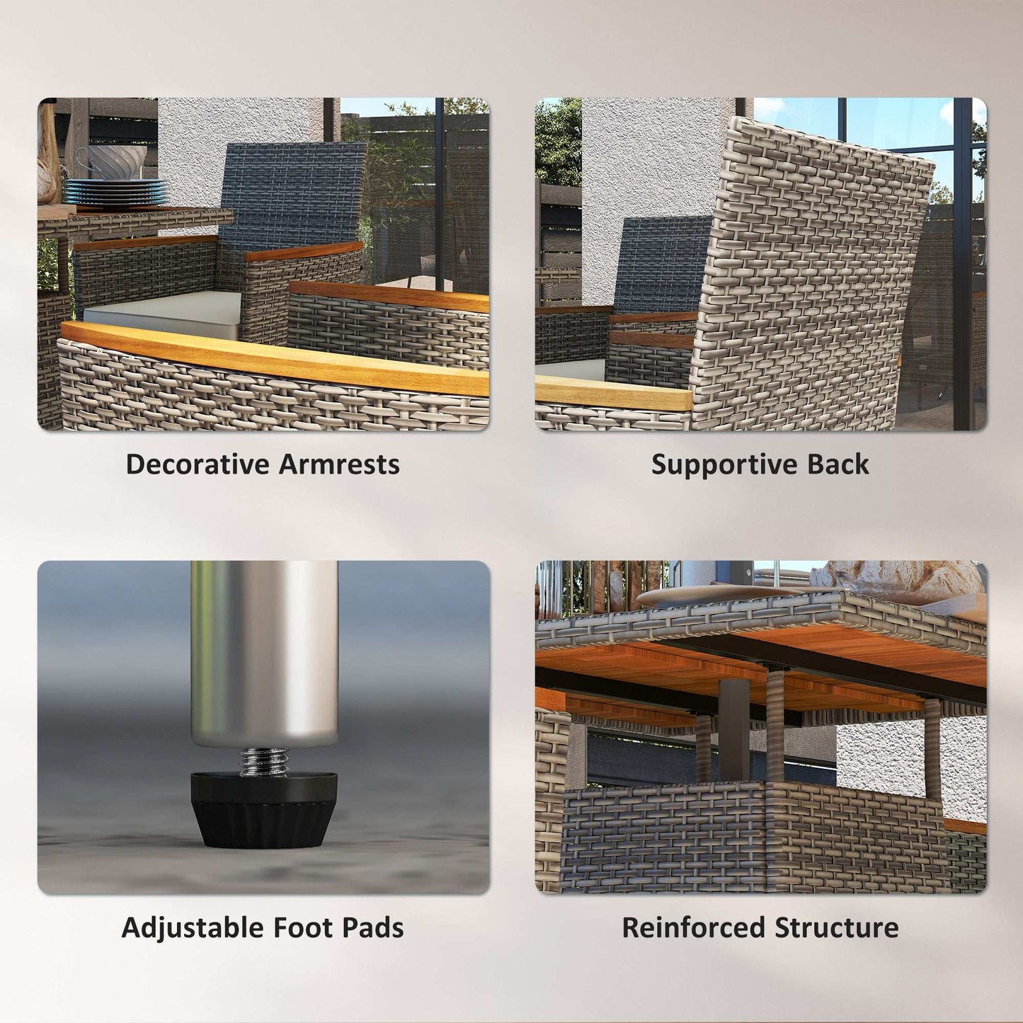 Outsunny Five-Piece Rattan Set, with Wood-Top Table - Teak / Grey