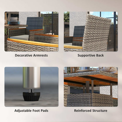 Outsunny Five-Piece Rattan Set, with Wood-Top Table - Teak / Grey