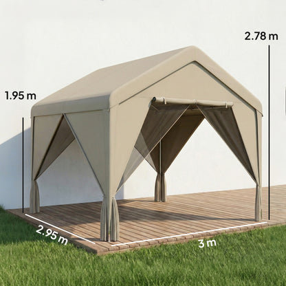 3x3m Patio Gazebo with Netting & Curtains | Dual-Layer Sidewalls | Mesh Apex Roof UV30+ | PVC-Coated Fabric | Flexible 4-Entry Door System | Galvanised Steel Frame | Windproof Level 4-6 | Snow Rated | Khaki