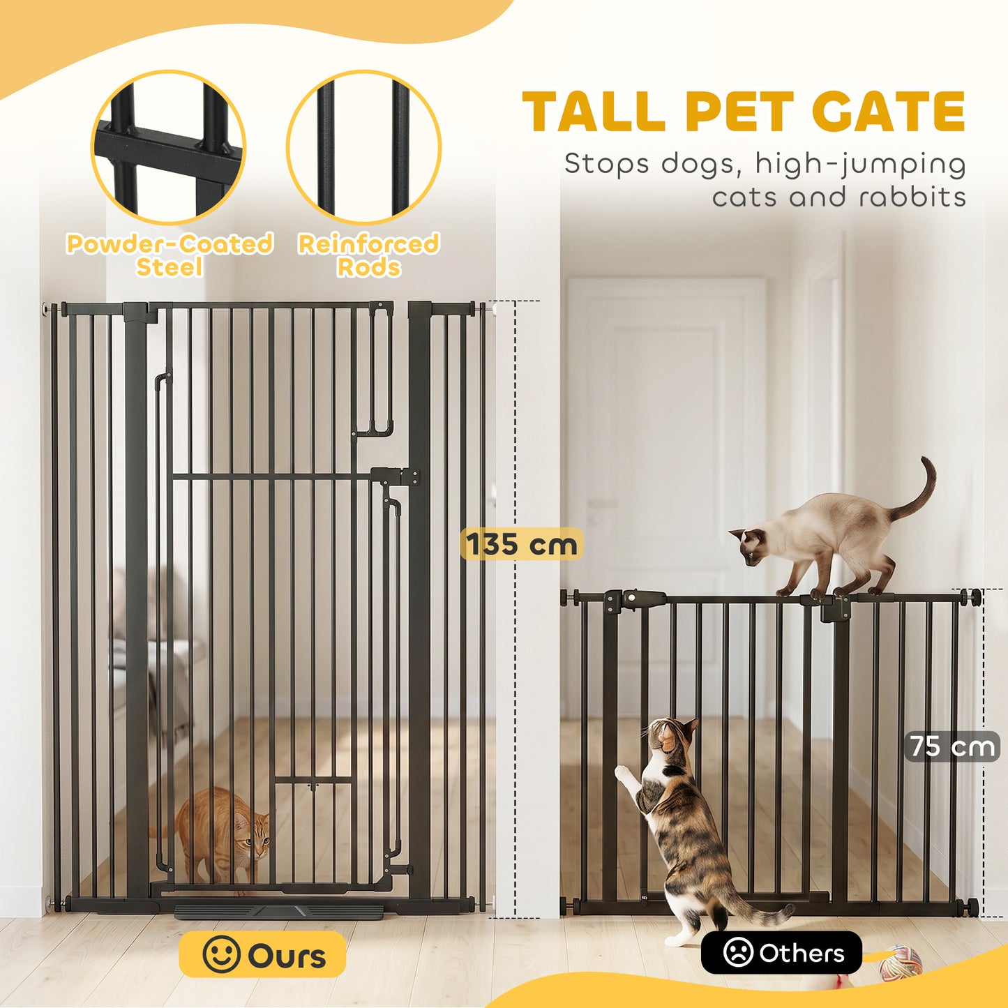 135cm Extra Tall Dog Gate with Cat Door | Pressure Mounted | Fits 81–108cm | No Drilling | Lift-Lock | Steel | Black