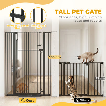135cm Extra Tall Dog Gate with Cat Door | Pressure Mounted | Fits 81–108cm | No Drilling | Lift-Lock | Steel | Black