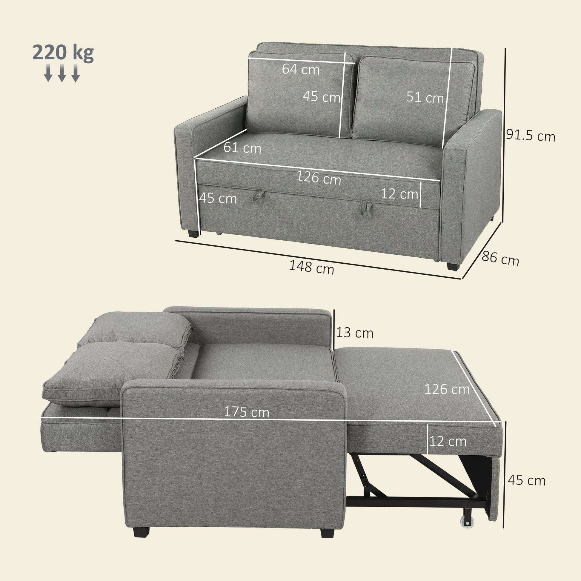3-in-1 2-Seater Sofa Bed | Click-Clack 3-Position Backrest | Eucalyptus Wood Frame | 12cm High-Density Foam | Faux Linen Upholstery | 2 Washable Pillows | 220kg Max | Sofa 148x86x91.5cm | Bed 126x175x45cm | Grey