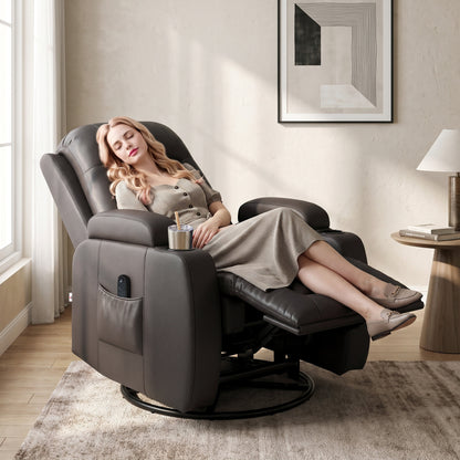 Massage Recliner Armchair | PU Leather | 8-Point Vibrating Massage | Lumbar Heat | 3 Modes & 3 Levels | Remote Control | 150° Recline | Swivel & Rocking | 2 Cup Holders & Pockets | 135kg | Dark Brown